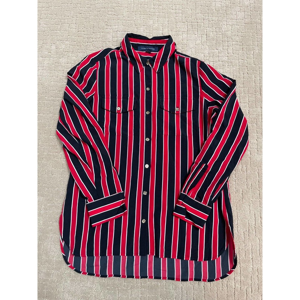Womens Tommy Hilfiger Button Down Shirt Size S Red Black Striped Business